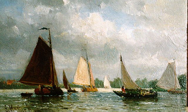Koster E.  | Sailing vessels in full sail, oil on panel 10.8 x 16.9 cm, signed l.l.