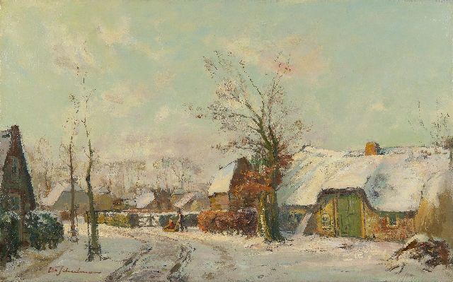 Schulman D.  | A farmer's couple in the snow, Blaricum, oil on canvas 47.3 x 75.5 cm, signed l.l.