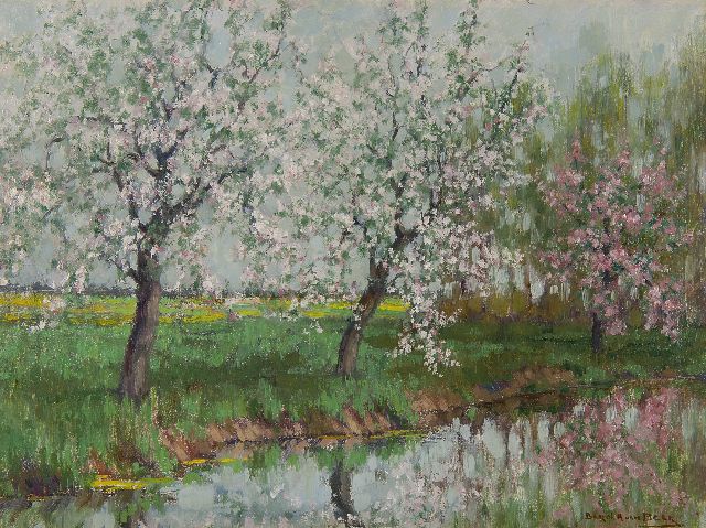 Bernard van Beek | Flowering trees along the water, oil on painter's board, 30.5 x 40.4 cm, signed l.r.