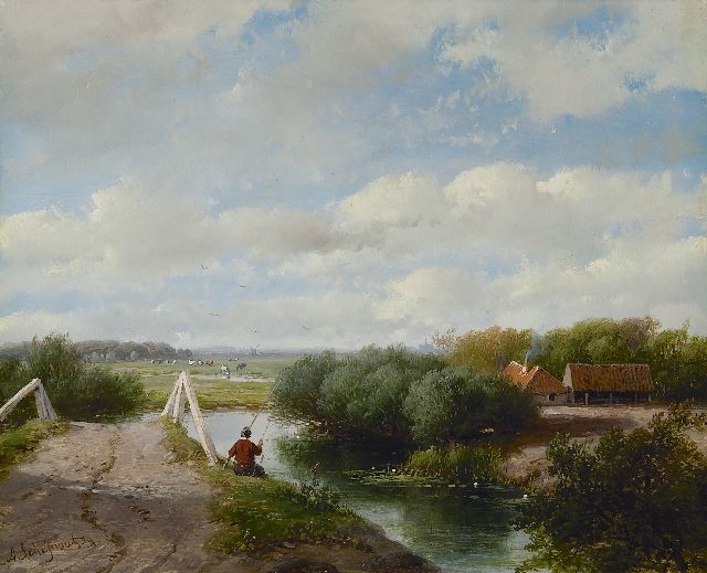 Andreas Schelfhout | A summer landscape with an angler near Haarlem, oil on panel, 19.5 x 24.1 cm, signed l.l. and dated '59