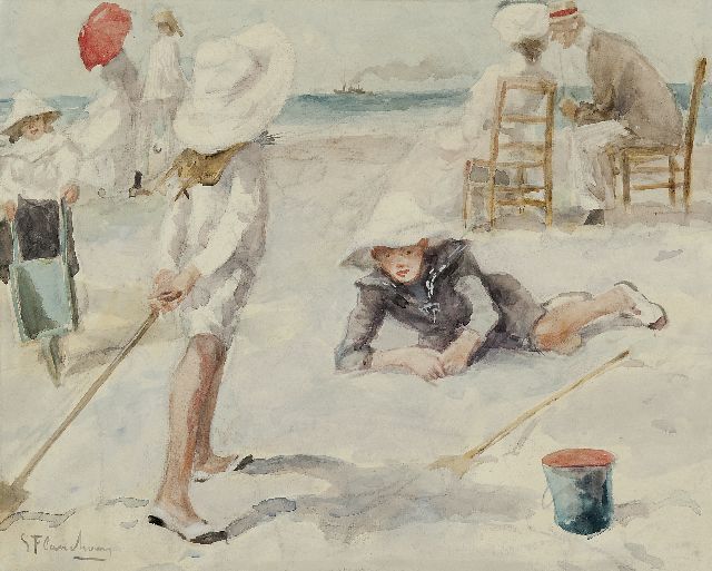 Gustave Flasschoen | On the beach, watercolour on paper, 35.1 x 43.4 cm, signed l.l.