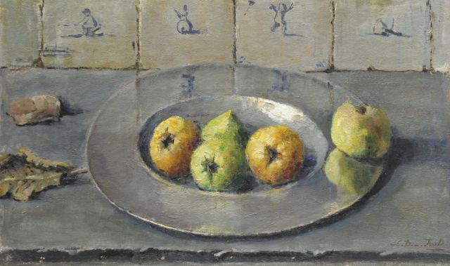 Dam van Isselt L. van | A still life with apples on a pewter plate, oil on painter's board 38.4 x 62.9 cm, signed l.r. and painted ca.1940-1941