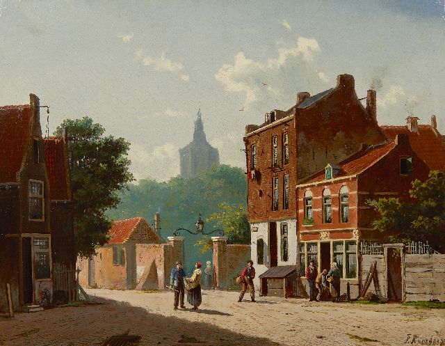 Roosdorp F.  | A Dutch street scene with the tower of the Grote Kerk of The Hague, oil on panel 28.0 x 37.0 cm, signed l.r.