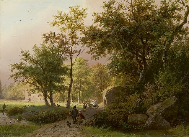 Barend Cornelis Koekkoek | Land folk on an wooded path, oil on panel, 17.7 x 24.4 cm, signed l.c. and dated 1849