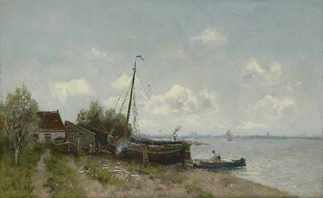 Rossum du Chattel F.J. van | A wharf at a river, oil on canvas 39.4 x 63.7 cm, signed l.l.