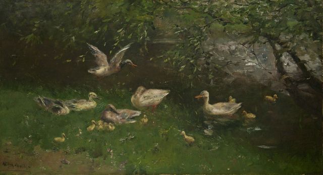 Willem Maris | Ducks by a pond, oil on canvas, 53.8 x 97.5 cm, signed l.l.