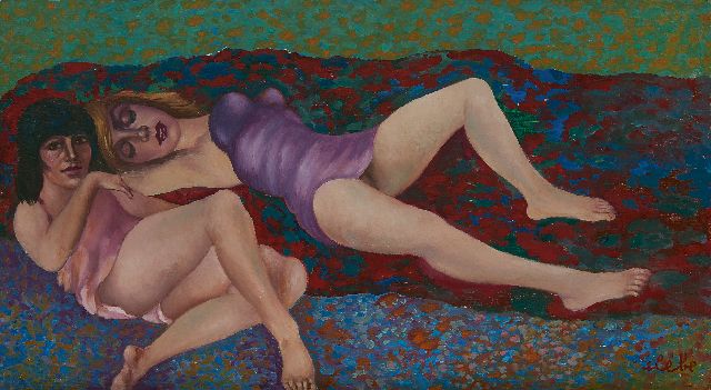 Ferry Slebe | Two women on the sofa, oil on panel, 30.0 x 54.2 cm, signed l.r.