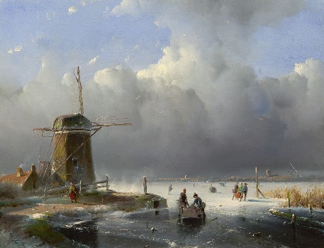 Adriaan Vrolijk | A winterlandscape with skaters near a mill, oil on panel, 27.1 x 36.0 cm, signed l.r.