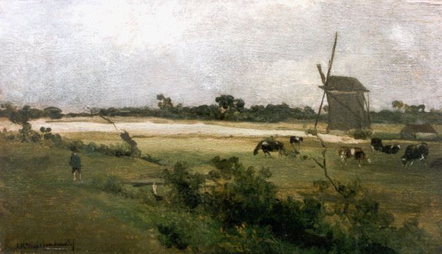 Jan Hendrik Weissenbruch | A polder landscape with windmills, oil on panel, 18.0 x 31.1 cm, signed l.l.