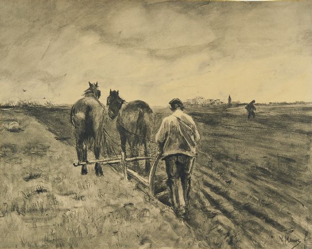 Anton Mauve | Ploughman with two horses, brush and ink on paper, 39.0 x 51.0 cm, signed l.r.