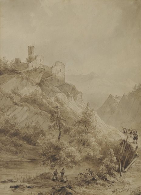 Nuijen W.J.J.  | A mountain landscape with travellers by a ruin, pencil, pen and sepia on paper 29.3 x 21.7 cm, signed l.r.