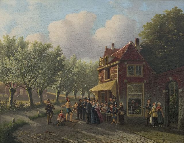 Bles J.  | A magician by a village tavern, oil on panel 20.6 x 26.2 cm, signed l.r.