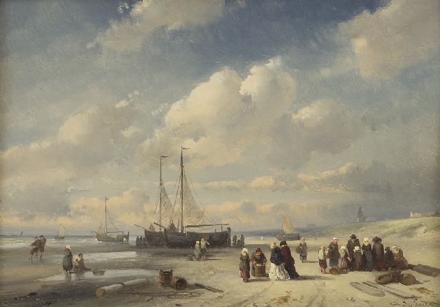 Leickert C.H.J.  | Fish market on the beach of Scheveningen, oil on panel 19.2 x 27.0 cm, signed l.r. and painted late 1850s