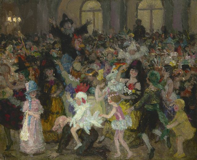 Jules Grün | Fête costumée, oil on canvas, 49.9 x 61.1 cm, signed l.l.