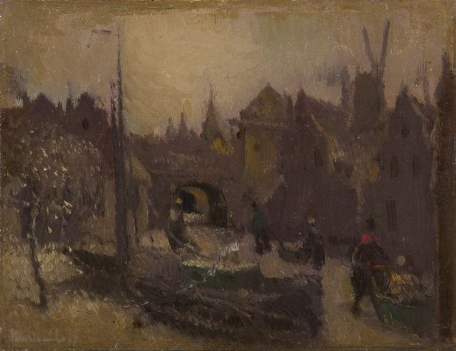 Daalhoff H.A. van | Skaters on a frozen town canal, oil on panel 14.0 x 18.2 cm, signed l.l.