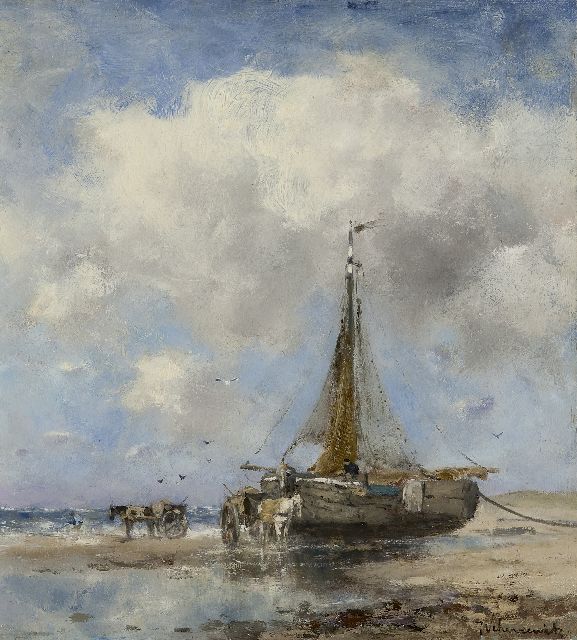 Johan Frederik Cornelis Scherrewitz | Gathering clams on the beach of Katwijk, oil on panel, 27.6 x 25.2 cm, signed l.r.