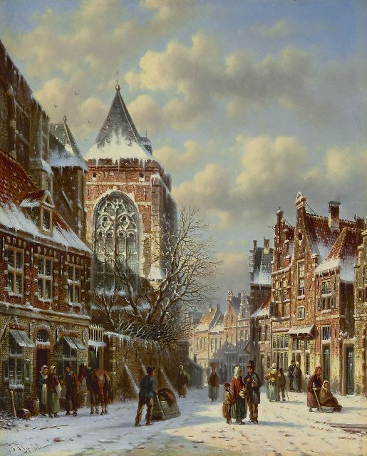 Johannes Franciscus Spohler | A snowy village square, oil on panel, 26.3 x 21.3 cm, signed l.l.
