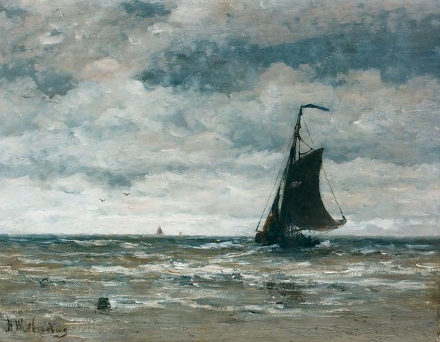 Mesdag H.W.  | A 'Bomschuit' in the surf, oil on canvas 40.0 x 51.0 cm, signed l.l.