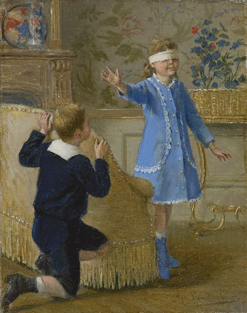 Roosenboom A.  | Playing Hide and Seek, oil on canvas 24.4 x 19.3 cm, signed l.r.