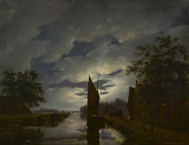 Andreas Schelfhout | A moonlit river landscape, oil on panel, 38.2 x 49.3 cm, signed l.r. and painted ca. 1822