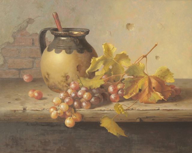 Bubarnik G.  | Still life with a jug and grapes, oil on plywood 40.5 x 50.0 cm, signed l.r.