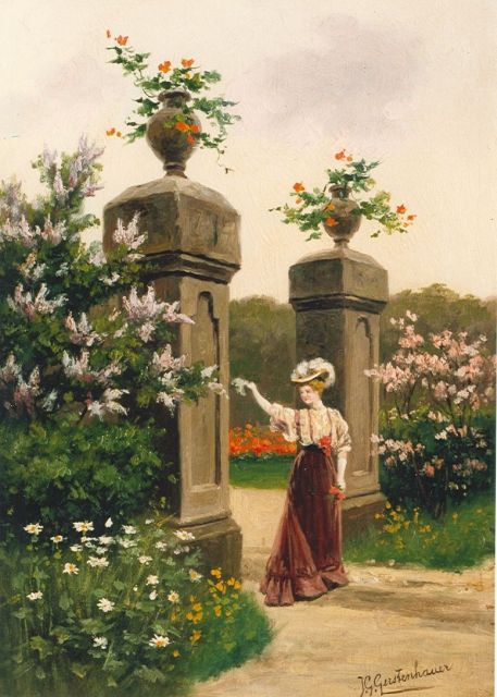 Gerstenhauer Zimmerman J.G.  | An elegant lady in a flower garden, oil on panel 31.9 x 22.5 cm, signed l.r.