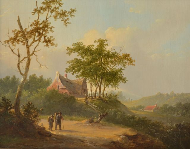 Jacobus van der Stok | Travellers in an extensive summer landscape, oil on panel, 25.7 x 32.6 cm