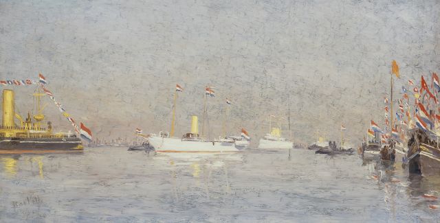 Bas Veth | Naval review, oil on panel, 22.5 x 43.3 cm, signed l.l.