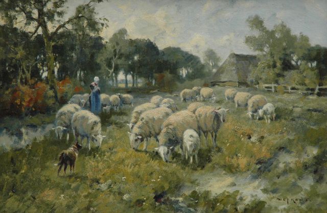 Martinus Jacobus Nefkens | Farmers wife with sheep, oil on canvas, 40.8 x 61.5 cm, signed l.r.