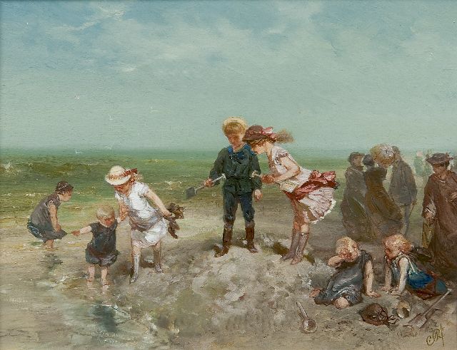 Charles Rochussen | Children playing on the beach, oil on panel, 16.0 x 20.8 cm, signed l.r. with initials and painted ca. 1881