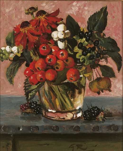 Röling G.V.A.  | Berries and flowers in a glass vase, oil on board 29.8 x 25.0 cm, signed l.r. with initials