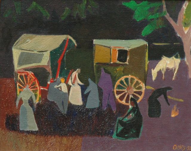 Wim Oepts | Carriages and figures, oil on canvas, 33.2 x 41.5 cm, signed l.r. and dated '53
