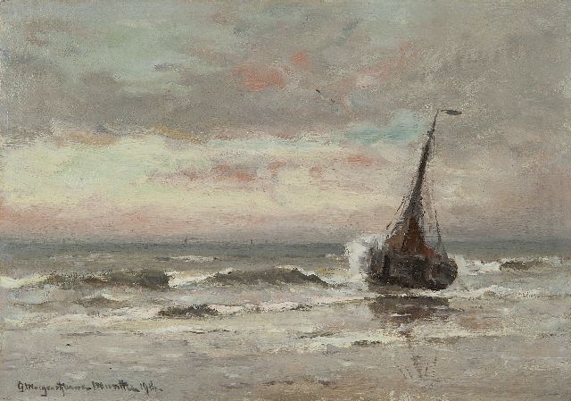 Morgenstjerne Munthe | Fishing barge in the surf, at sunset, oil on canvas laid down on panel, 21.4 x 30.1 cm, signed l.l. and dated 1914