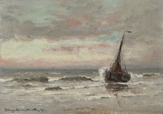 Munthe G.A.L.  | Fishing barge in the surf, at sunset, oil on canvas laid down on panel 21.4 x 30.1 cm, signed l.l. and dated 1914