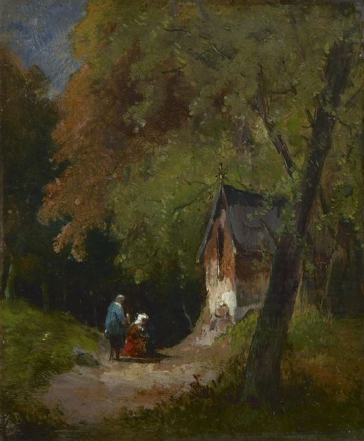 Breuhaus de Groot F.  | A wooded landscape with travellers by a chapel, oil on panel 11.5 x 9.7 cm, signed l.l. with initials