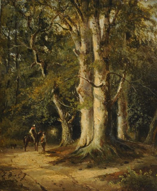 Frans Breuhaus de Groot | Travellers on a wooded path, oil on panel, 12.2 x 10.3 cm, signed l.l. with initials