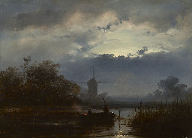 John Franciscus Hoppenbrouwers | A moonlit river landscape with fishermen, oil on panel, 18.8 x 26.4 cm, signed l.l. with initials