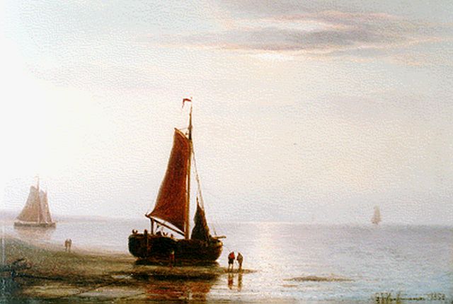 Hoffmann G.J.  | Twilight: 'bomschuiten' on the beach, oil on panel 18.5 x 27.1 cm, signed l.r. and dated 1858