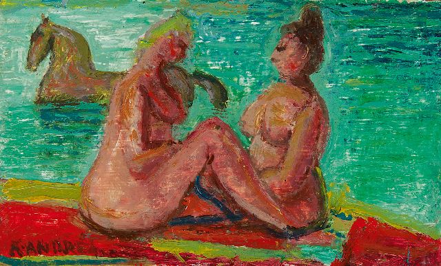 Andréa C.  | Two bathers, oil on panel 11.0 x 18.2 cm, signed l.l.