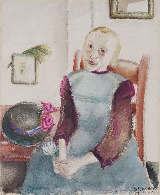 Rebecca van Gelder | Girl with flower, watercolour on paper, 50.0 x 41.6 cm, signed l.r. with pseudonym  'B. Stratthon van Gelder' and dated '37