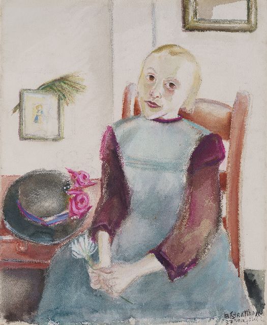 Rebecca van Gelder | Girl with flower, watercolour on paper, 50.0 x 41.6 cm, signed l.r. with pseudonym  'B. Stratthon van Gelder' and dated '37