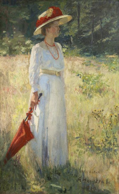 Haustrate G.  | Lady with a red parasol, oil on canvas 179.4 x 111.1 cm, signed l.r. and dated 1910