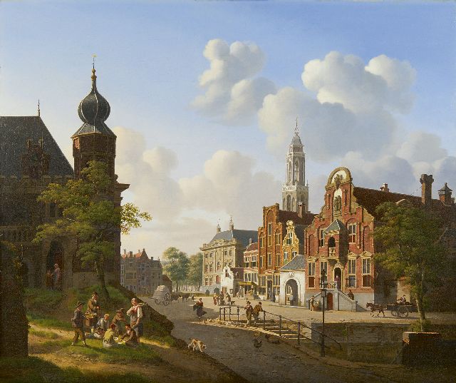 Verheijen J.H.  | A sunny town square with gamblers in the front, oil on canvas 66.9 x 79.6 cm, signed l.r.