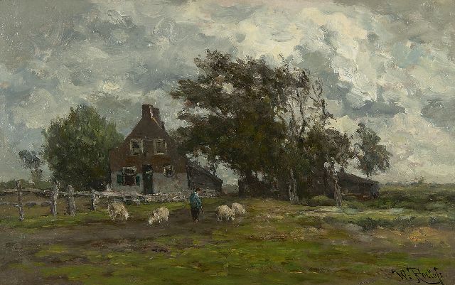 Roelofs W.  | Landscape with sheep near a farm, oil on canvas laid down on panel 27.7 x 44.0 cm, signed l.r.