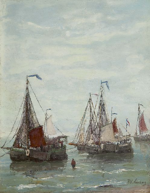 Hendrik Willem Mesdag | Fishing boats anchored off the beach, oil on panel, 32.2 x 25.2 cm, signed l.r. and painted ca. 1885