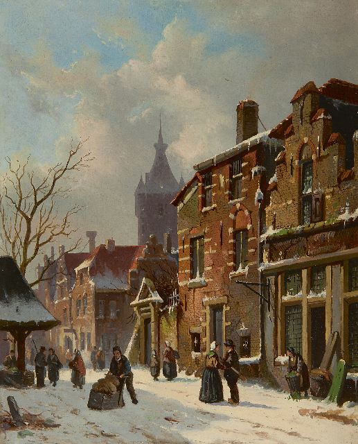 Eversen A.  | A Dutch town in winter with the Oude Kerk of Delft, oil on panel 33.2 x 27.4 cm