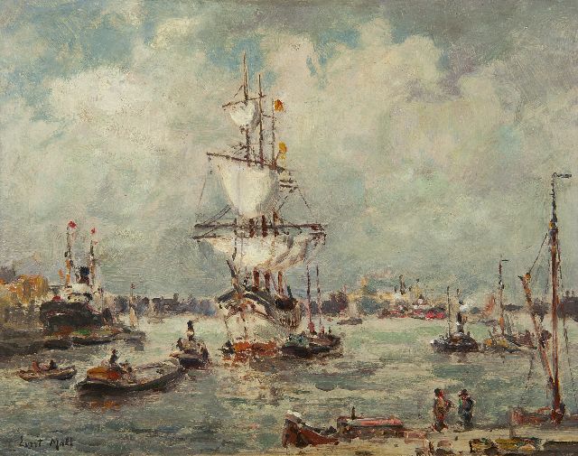 Moll E.  | A three-master in the Rotterdam harbour, oil on painter's board 24.0 x 30.5 cm, signed l.l.