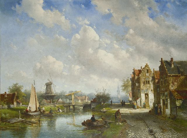 Leickert C.H.J.  | A Dutch river view with the Nieuwe Kerk of Delft in the distance, oil on canvas 78.0 x 103.4 cm, signed l.r. and dated '72