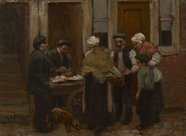 Gerard Johan Staller | At the herring stall, oil on canvas laid down on board, 12.2 x 15.7 cm, signed l.l.