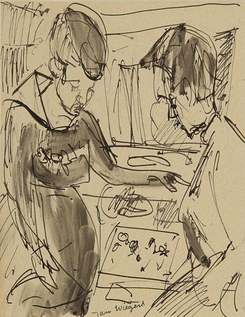 Jan Wiegers | At the jewelry shop, pen, brush and ink on paper, 21.6 x 17.5 cm, signed l.c. and on the reverse